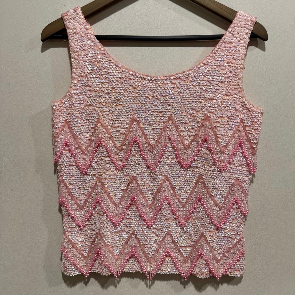 Vintage Miss Ruth Pink Hand Beaded Sequin Wool Top 1960s Size S